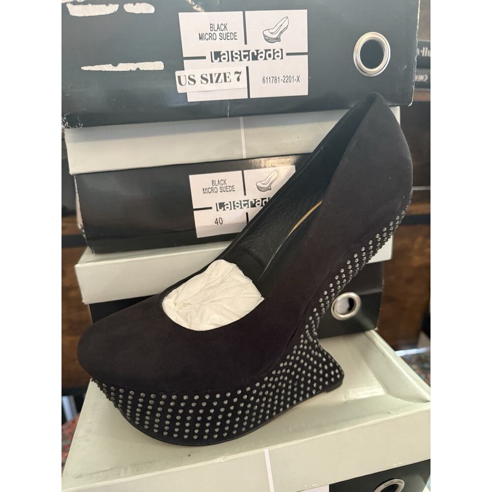 LA STRADA BLACK SUEDE MYSTIQUE WEGE BLING GAGA HEELS US Size 8